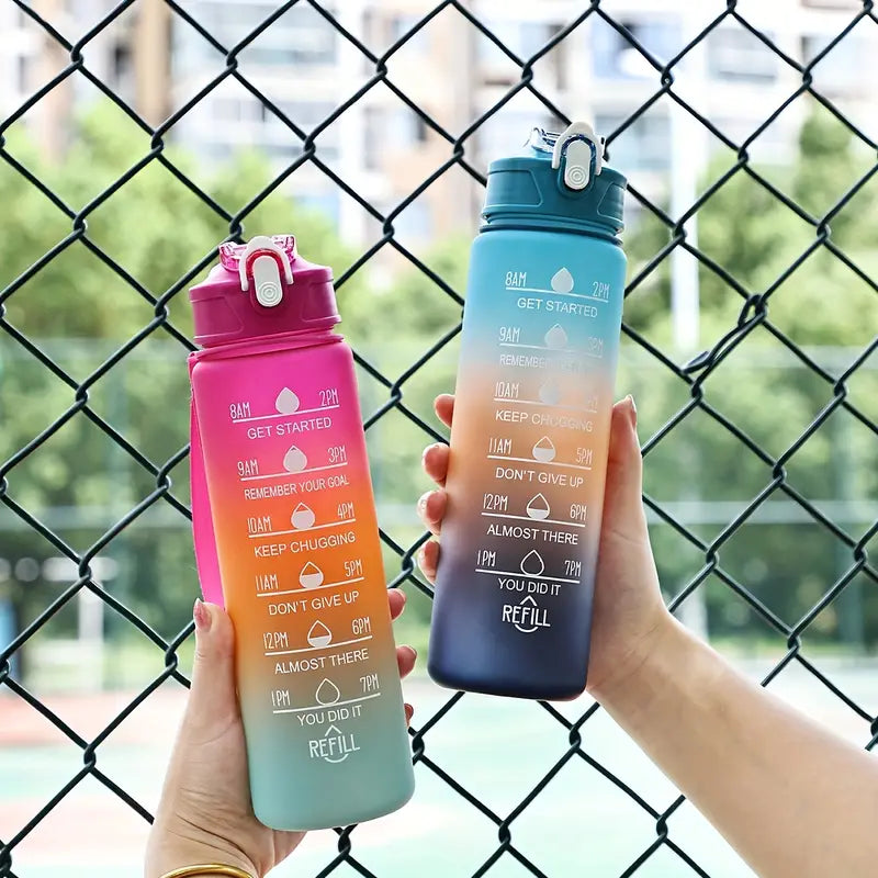 1L Rainbow Sports Water Bottle 32oz Motivational Time Marker Bottle with Strap Leakproof & BPA-Free Hydration Tracker