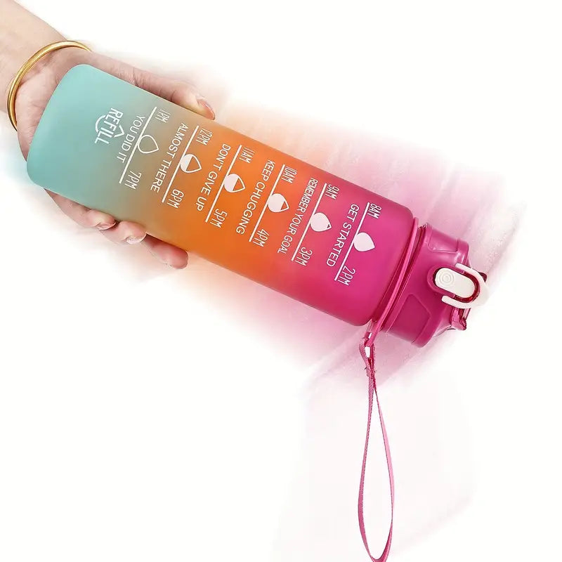 1L Rainbow Sports Water Bottle 32oz Motivational Time Marker Bottle with Strap Leakproof & BPA-Free Hydration Tracker