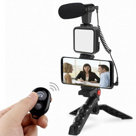 3-in-1 Vlogging Kit with LED Light, Microphone & Tripod Grip for Smartphones