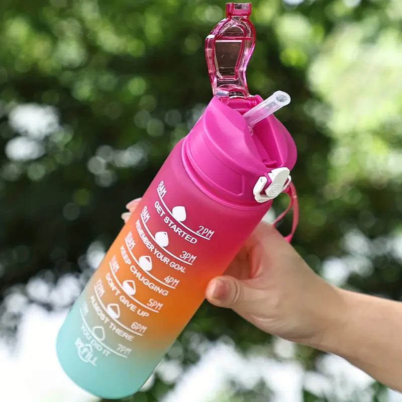 1L Rainbow Sports Water Bottle 32oz Motivational Time Marker Bottle with Strap Leakproof & BPA-Free Hydration Tracker