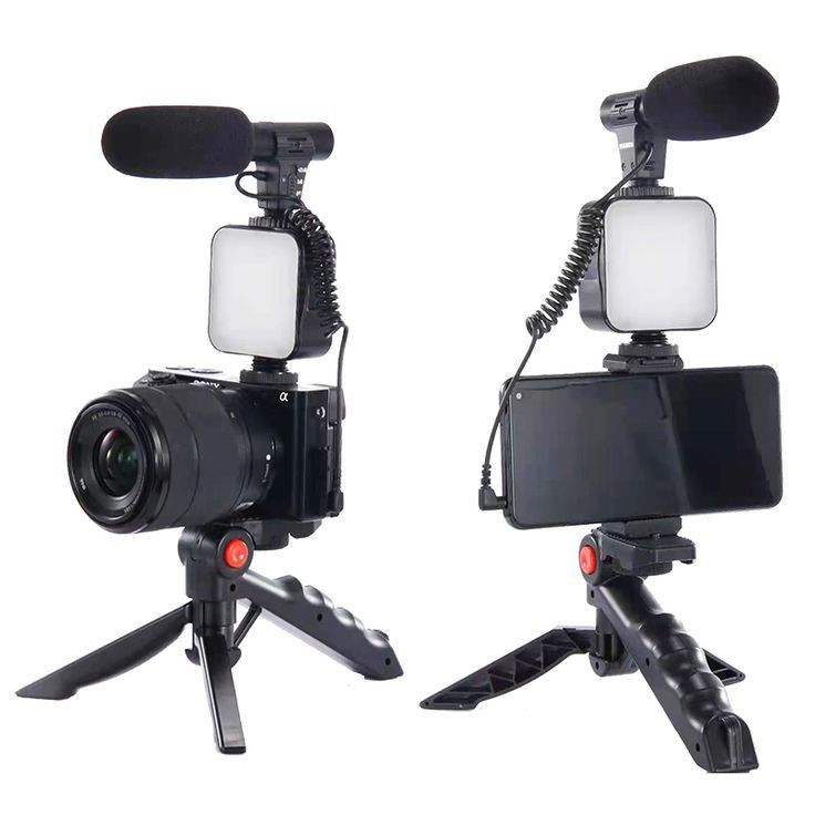 3-in-1 Vlogging Kit with LED Light, Microphone & Tripod Grip for Smartphones