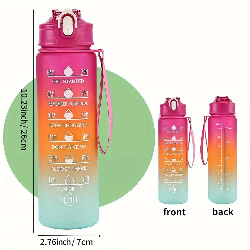 1L Rainbow Sports Water Bottle 32oz Motivational Time Marker Bottle with Strap Leakproof & BPA-Free Hydration Tracker